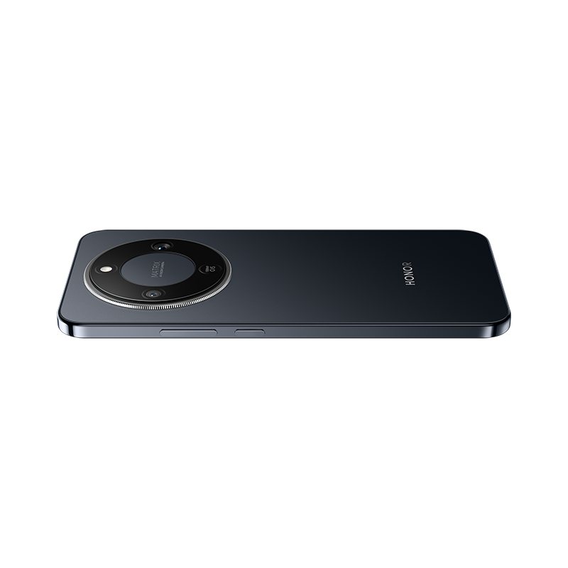 Se muestra un teléfono inteligente negro con un módulo de cámara circular. El teléfono está sobre una superficie negra. La palabra HONOR está en el lateral.