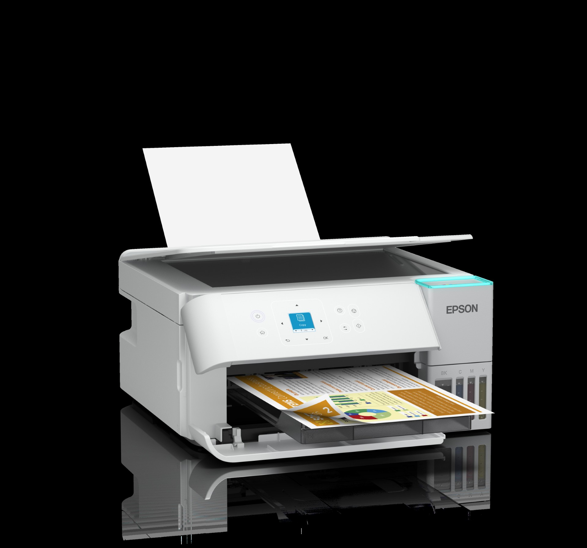 Una impresora Epson blanca con papel en la bandeja de salida y un documento impreso en la bandeja de entrada, sobre fondo negro.