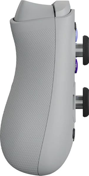 Ein grauer Gamecontroller, Seitenansicht, mit strukturierter Grifffläche. Lila Knöpfe und schwarze Thumbsticks sind sichtbar.