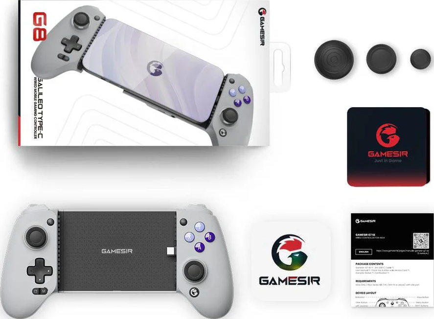 Das Bild zeigt einen Gaming-Controller mit Telefon, verschiedenen Tasten und zusätzlichem Zubehör. Gamesir-Logo und Branding sind sichtbar.