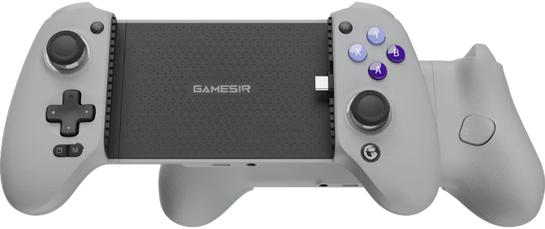 Ein grauer Gamesir-Handyspiel-Controller. Er hat Tasten, Joysticks und einen USB-C-Anschluss, konzipiert für mobiles Gaming.