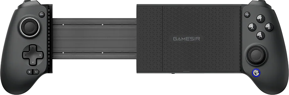 Ein schwarzes GameSir-Gamepad, für mobiles Gaming. Mit Knöpfen, Steuerkreuz, Analog-Sticks und Handyhalterung.