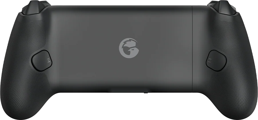 Ein schwarzer Gaming-Controller mit einem Logo in der Mitte. Er hat Knöpfe und Auslöser. Der Griff hat ein strukturiertes Muster.