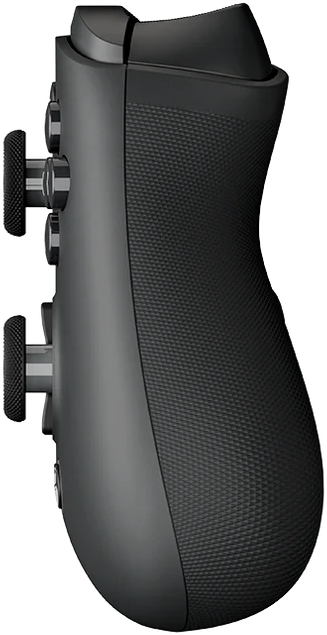 Seitenansicht eines schwarzen Gaming-Controllers. Mit Tasten, strukturierter Griff und Auslöser. Das Design ist elegant und ergonomisch.
