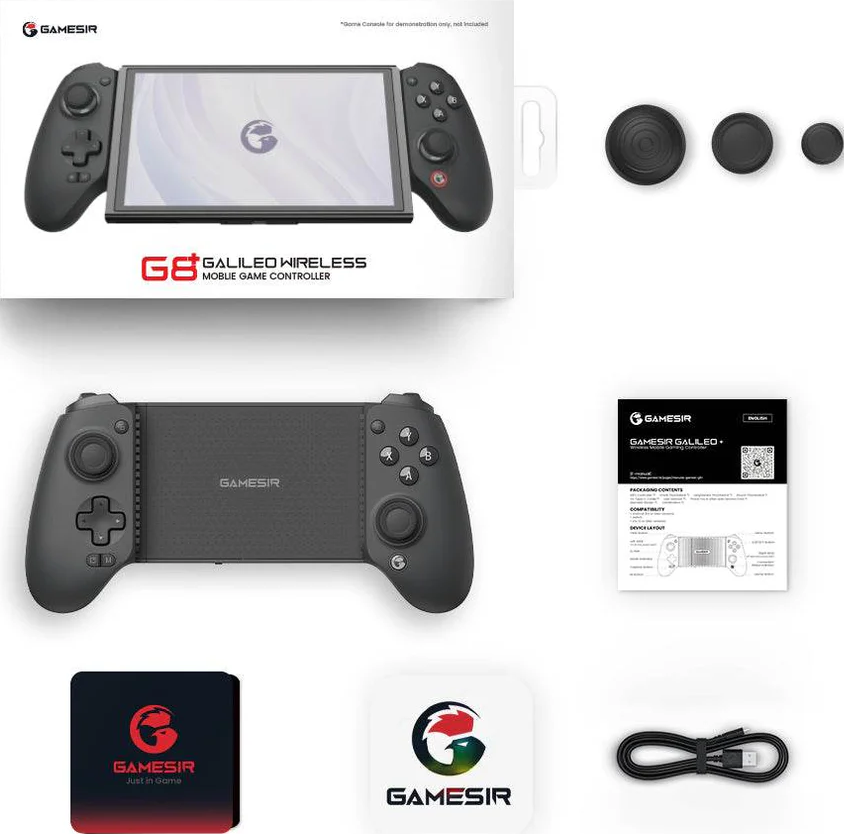Das Bild zeigt einen schwarzen Gamesir G8 Galileo Controller, Zubehör und Verpackung. Verschiedene Ansichten, einschließlich Controller und Box.