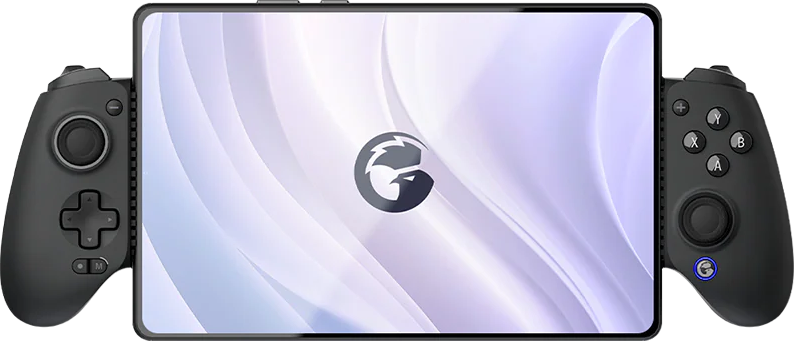 Tablet mit Logo in der Mitte, flankiert von schwarzen Gamecontrollern. Der Bildschirm hat ein weißes und lila Design.