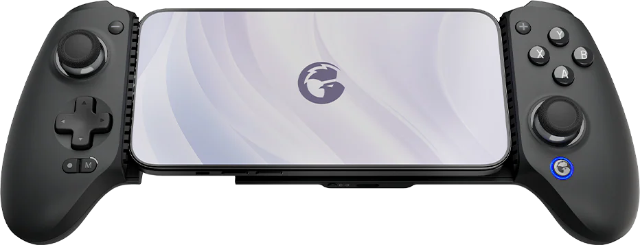 Schwarzes Gamepad mit eingelegtem Telefon. Es hat Knöpfe und Joysticks. Das Telefon zeigt ein Logo.