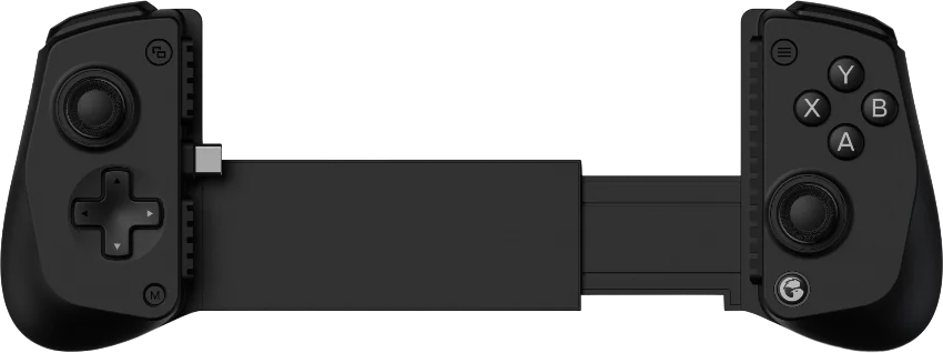 Schwarzer Gamecontroller mit Knöpfen, Joysticks und einem Schiebemechanismus für ein Telefon. Es hat ein modernes Design.