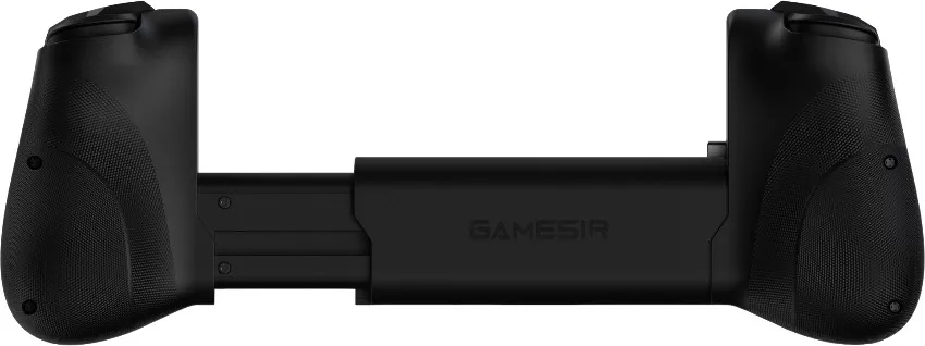 Ein schwarzes GameSir-Gamepad mit strukturierten Griffen und einem ausziehbaren Mittelteil. Der Markenname ist sichtbar.