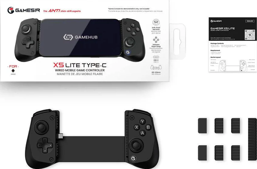 Das Bild zeigt einen schwarzen GameSir X5 Lite Controller, Verpackung und Zubehör. Text beschreibt Funktionen und Kompatibilität.