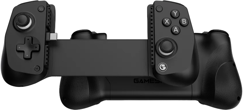Ein schwarzes Gamepad mit USB-C-Anschluss. Es hat Tasten: Y, X, B, A, ein Steuerkreuz und einen Joystick. Die Marke ist Gamesir.