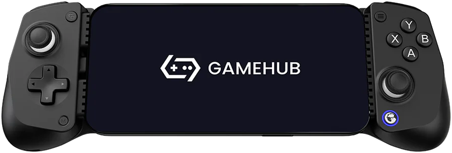 Schwarzes Gamepad mit Telefon in der Mitte. Das Telefon zeigt das Gamehub-Logo. Tasten und Joysticks sind sichtbar.