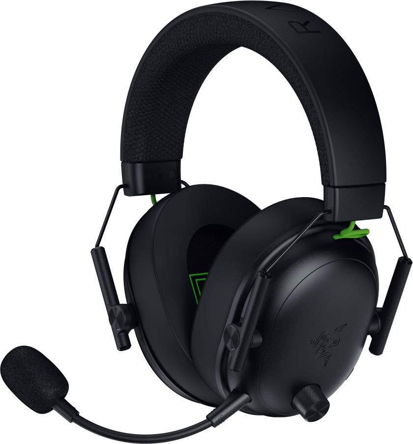 Schwarzes Razer Gaming-Headset. Verfügt über ein Mikrofon, Ohrmuscheln und ein gepolstertes Kopfband. Razer-Logo sichtbar.