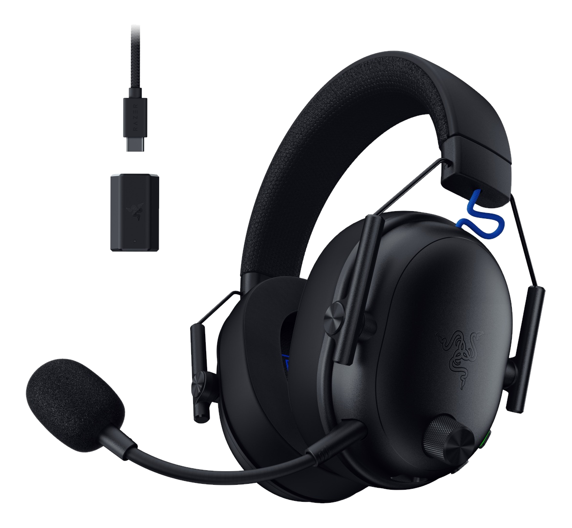 Schwarzes Razer-Gaming-Headset mit abnehmbarem Mikrofon, Ladegerät und Kabel. Der Hintergrund ist schwarz.
