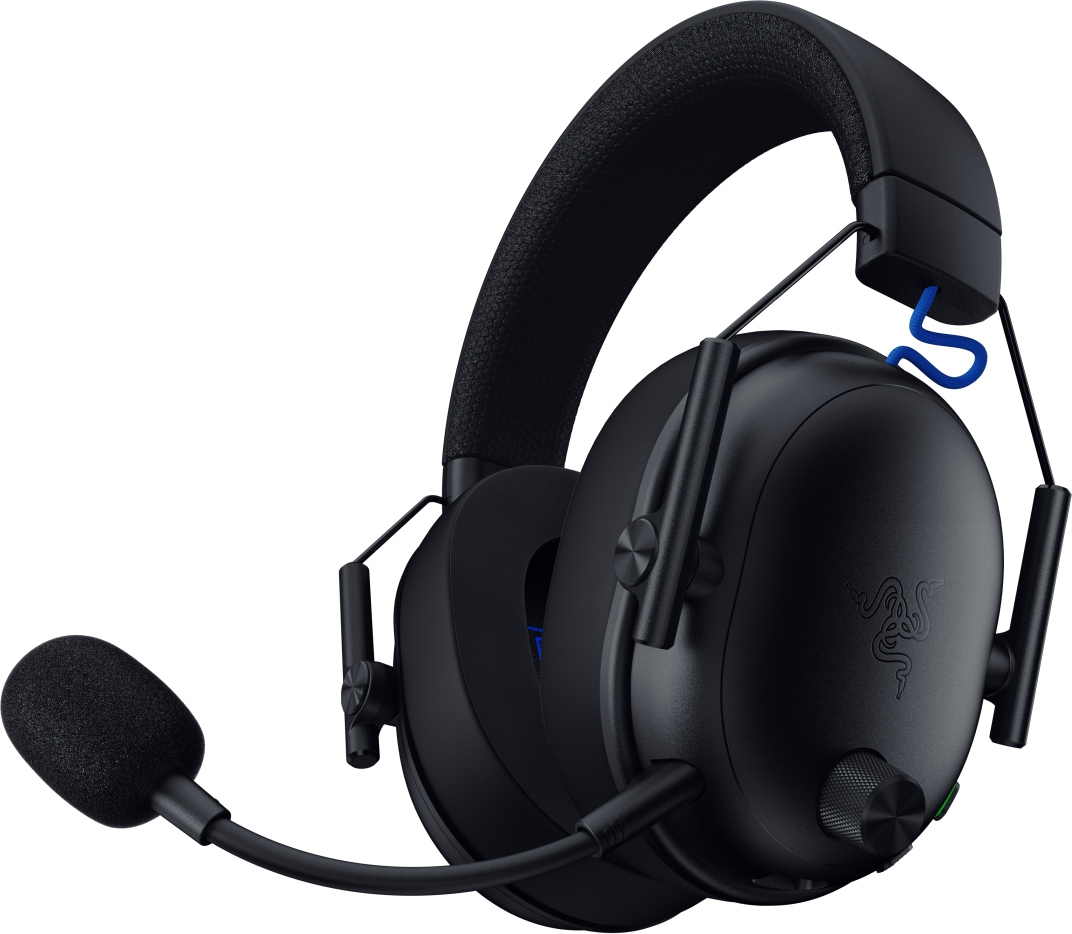 Schwarzes Gaming-Headset mit Mikrofon. Das Headset hat ein gepolstertes Kopfband und Ohrmuscheln. Ein blaues Kabeldetail ist sichtbar.