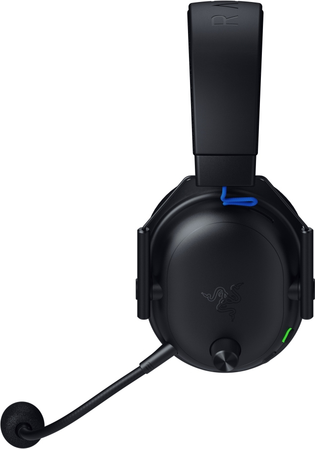 Schwarzes Razer-Gaming-Headset mit Mikrofon. Mit Razer-Logo, Lautstärkeregler und blauem Kabel.