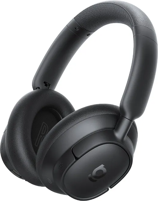 Casque audio noir circum-auriculaire. Les écouteurs et le bandeau sont noirs. Les écouteurs ont un logo et le bandeau est rembourré.