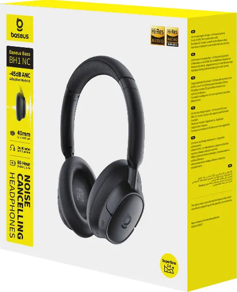 Casque antibruit Baseus noir sur une boîte jaune et blanche. Caractéristiques : pilotes 40 mm et 80 heures d'autonomie.