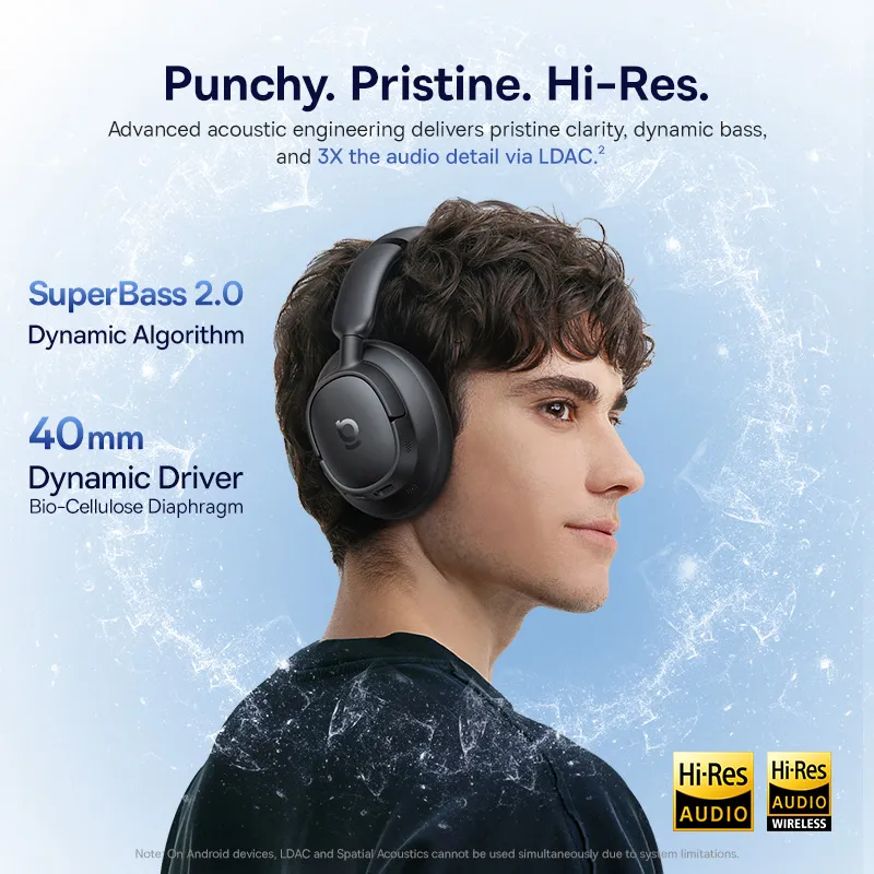 Un homme portant un casque noir. Le texte décrit des fonctionnalités telles que SuperBass, un pilote de 40 mm et l'audio Hi-Res.