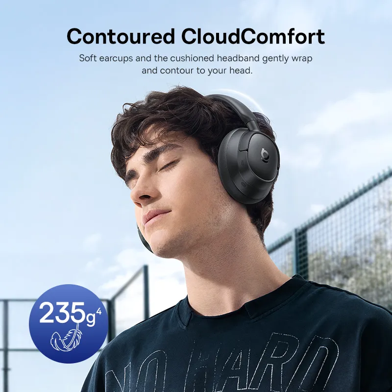 Un homme portant un casque noir, les yeux fermés. Il porte une chemise bleue. Le fond montre un court de tennis et le ciel.