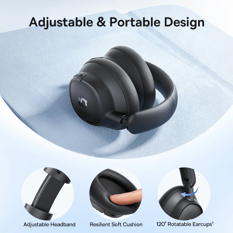 Casque noir sur surface bleue, avec détails sur bandeau réglable, coussinet souple et oreillettes rotatives.