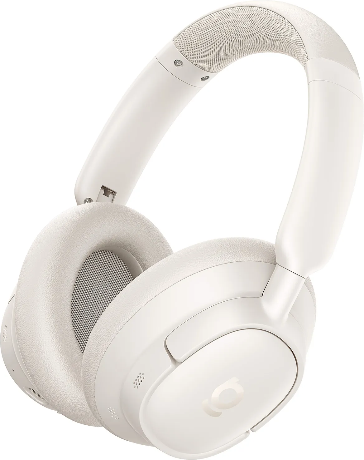 Casque circum-auriculaire crème. Les écouteurs et l'arceau sont visibles sur fond blanc.