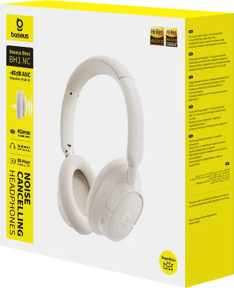 Casque blanc Baseus BH1 NC à réduction de bruit dans une boîte jaune et blanche. Caractéristiques : haut-parleurs 40 mm, 80h de batterie.