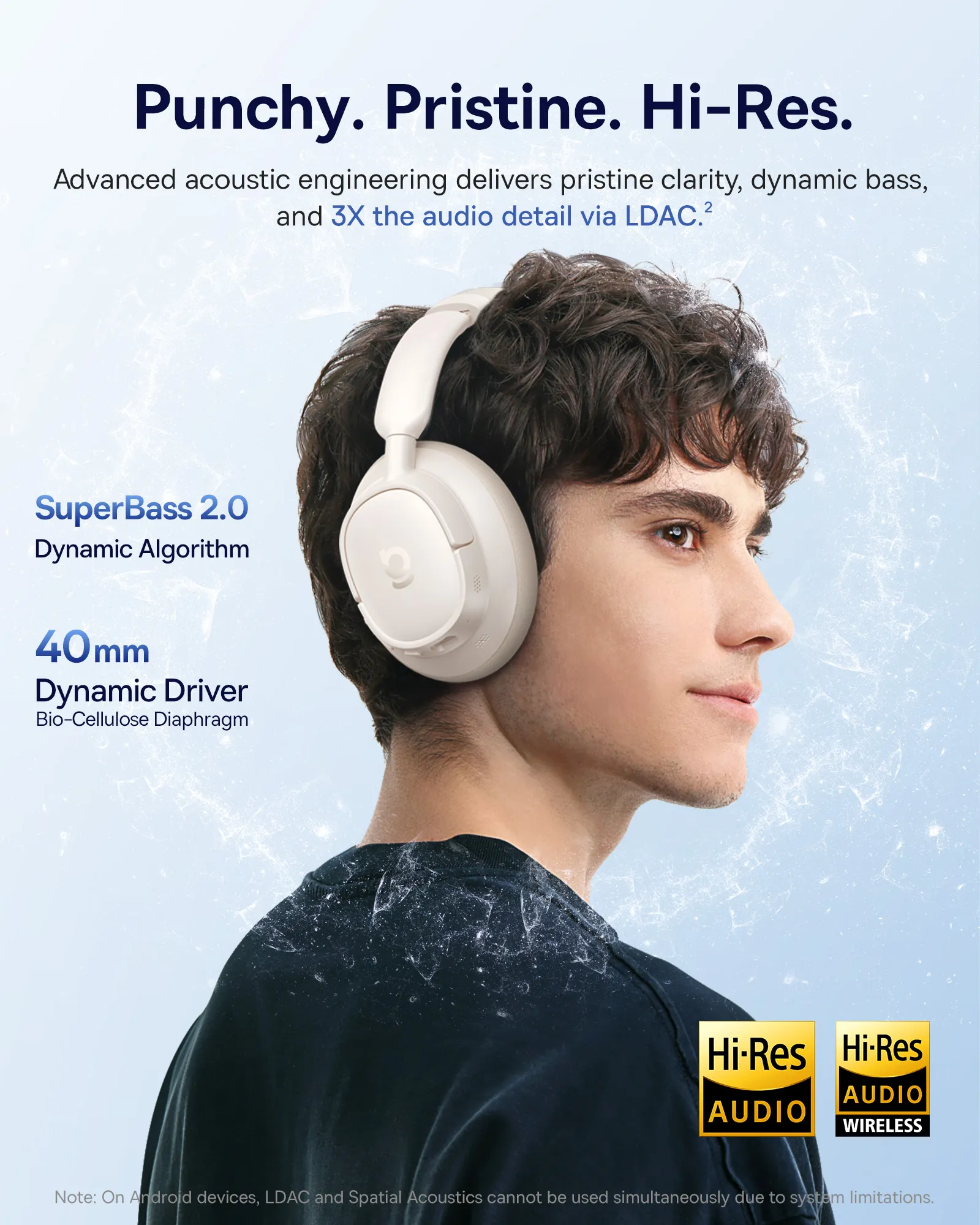 Un homme portant un casque blanc. Le texte comprend 'Hi-Res Audio', 'SuperBass 2.0' et '40mm Dynamic Driver'.