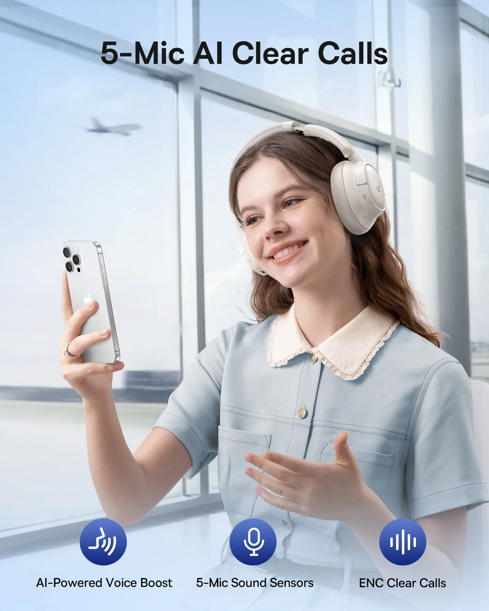 Femme portant un casque, tenant un téléphone. Texte : 5-Mic AI Clear Calls, AI-Powered Voice Boost, 5-Mic Sound Sensors, ENC Clear Calls.
