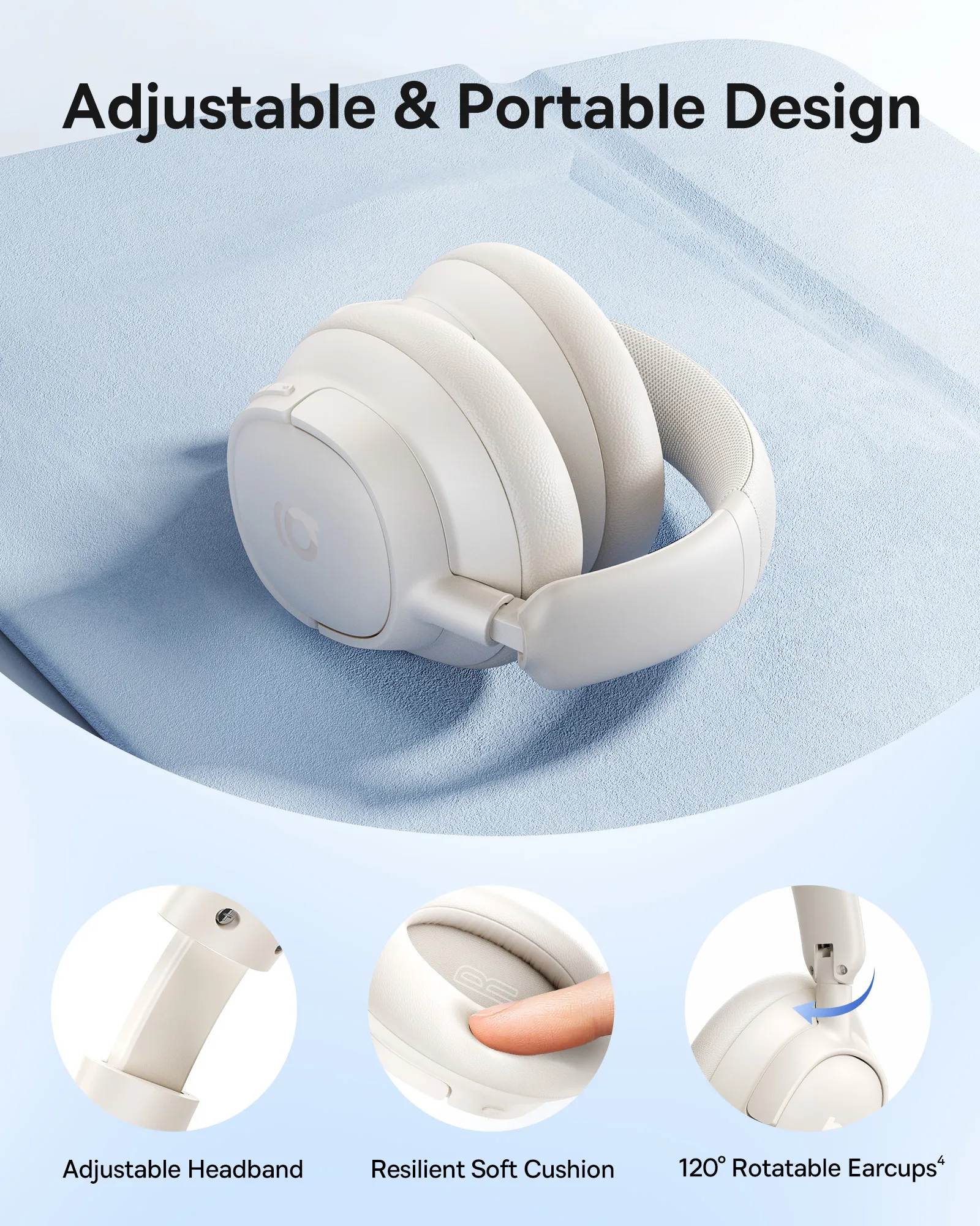 Casque blanc sur une surface bleu clair. Caractéristiques : bandeau réglable, coussin souple et oreillettes rotatives.