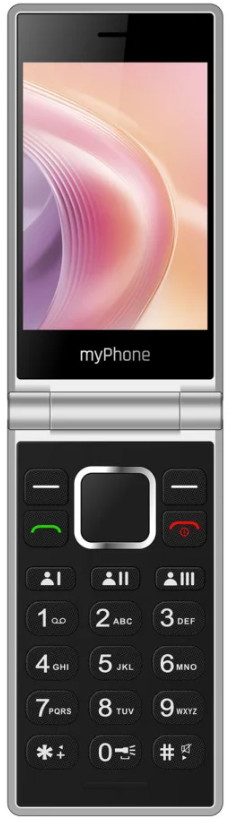 Srebrny telefon z klapką jest otwarty. Na górze widać kolorowy ekran; na dole klawiaturę z cyframi i klawiszami funkcyjnymi.