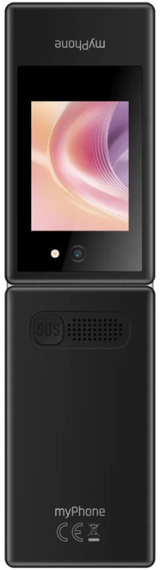 Czarny telefon myPhone, otwarty. Ekran wyświetla abstrakcyjne kolory. Posiada przycisk SOS i głośnik. Logo myPhone u góry i na dole.
