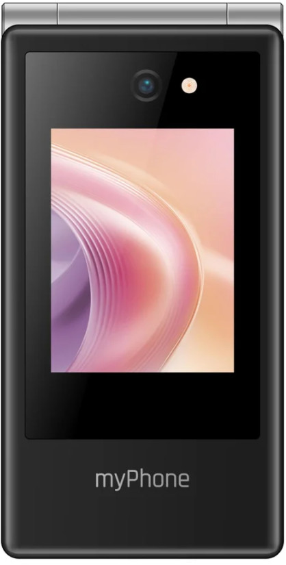 Zamknięty, czarny telefon z klapką z ekranem wyświetlającym kolorowy, abstrakcyjny obraz. Telefon ma aparat i logo 'myPhone'.