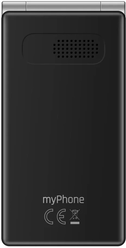 Pokazano tył czarnego telefonu z klapką. Ma głośnik, logo 'myPhone' i oznaczenia CE. Góra jest srebrna.