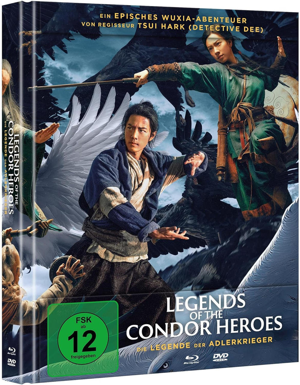 DVD-Cover. Drei Personen in Actionposen, mit Schwertern und Flügeln. Der Titel lautet 'Legends of the Condor Heroes'.