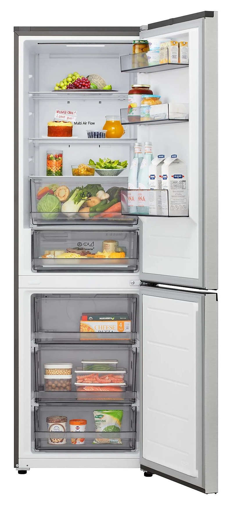 Otwarta lodówka z widocznym jedzeniem. Półki z owocami, warzywami, napojami, ciastem i mrożonkami. Dolna część pokazuje pizzę i groszek.