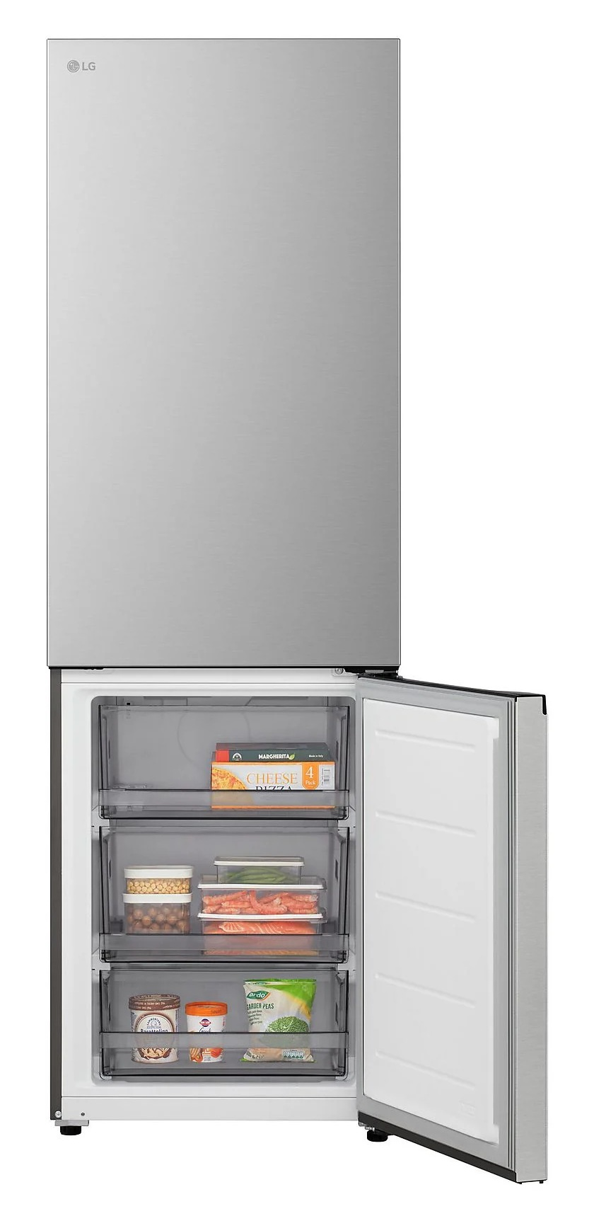 Lodówka LG ze stali nierdzewnej z otwartymi drzwiami zamrażarki, odsłaniająca szuflady z żywnością, a drzwi lodówki są również otwarte.