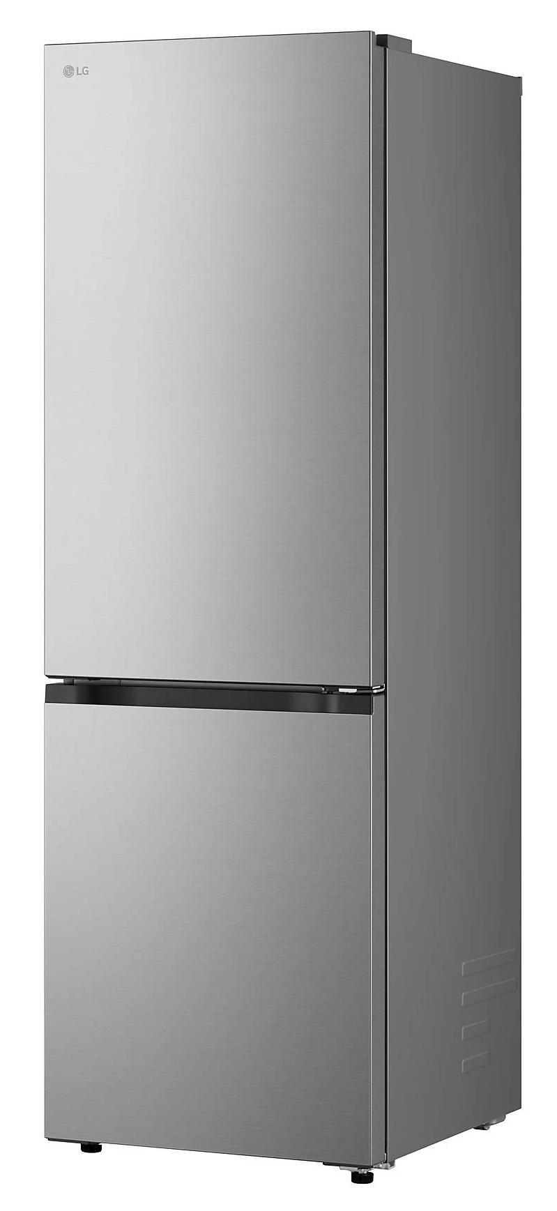 Lodówka LG ze stali nierdzewnej z dwiema drzwiami. Górne drzwi mają logo LG. Dolne drzwi mają czarny uchwyt.