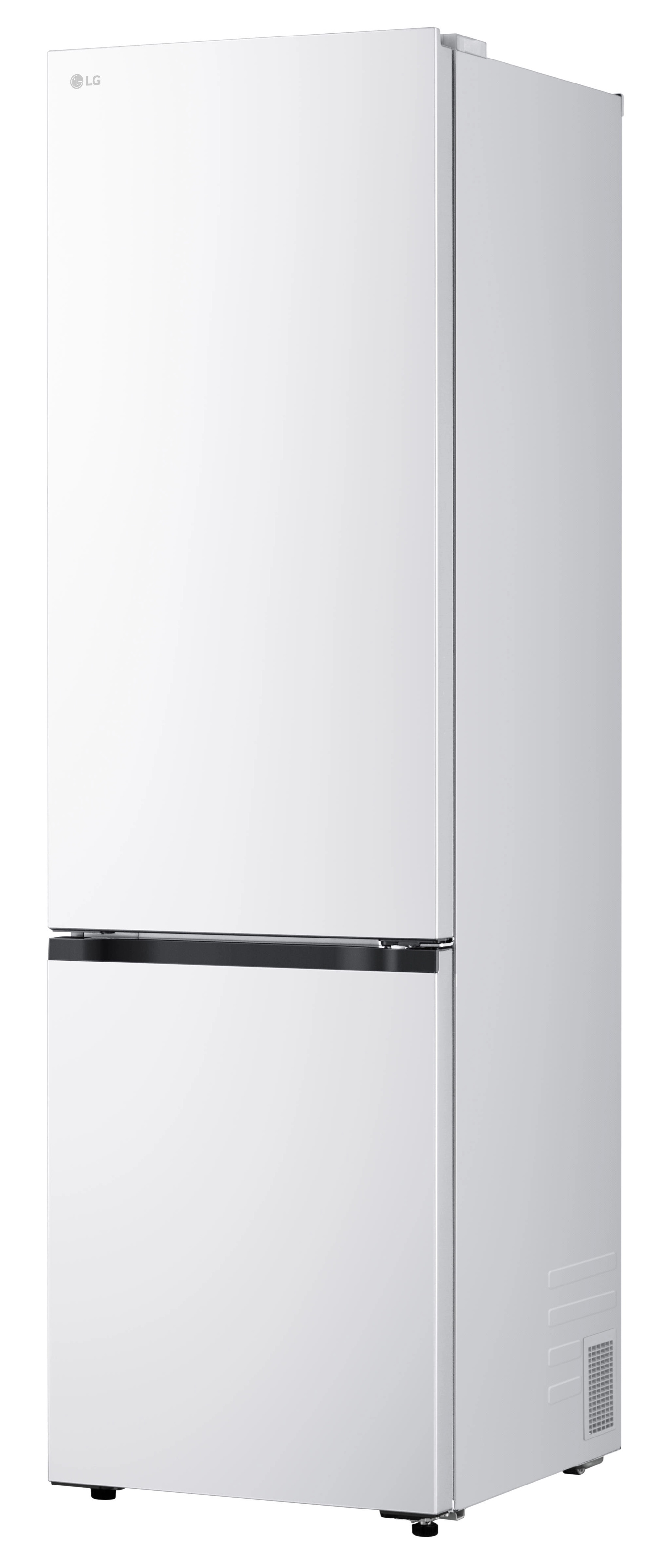 Biała lodówka LG z dolną zamrażarką. Logo LG znajduje się na górze. Lodówka ma czarne uchwyty i nóżki.
