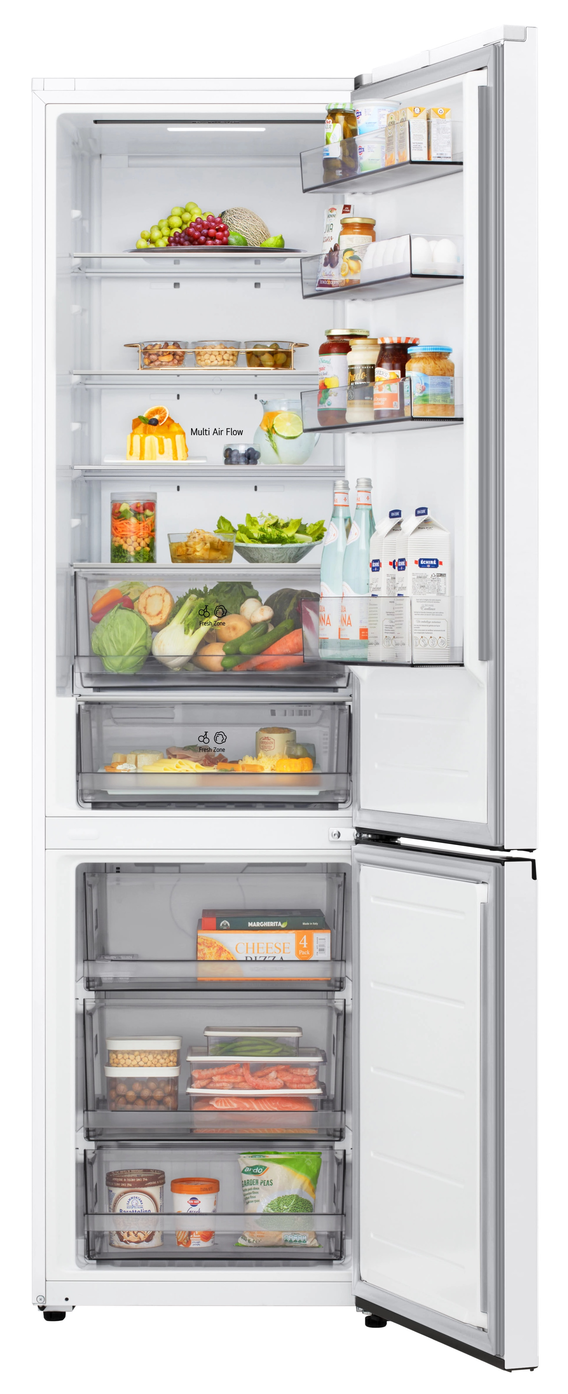 Otwarta biała lodówka wypełniona jedzeniem: owoce, warzywa, napoje i mrożone pizze. Niektóre półki są otwarte.