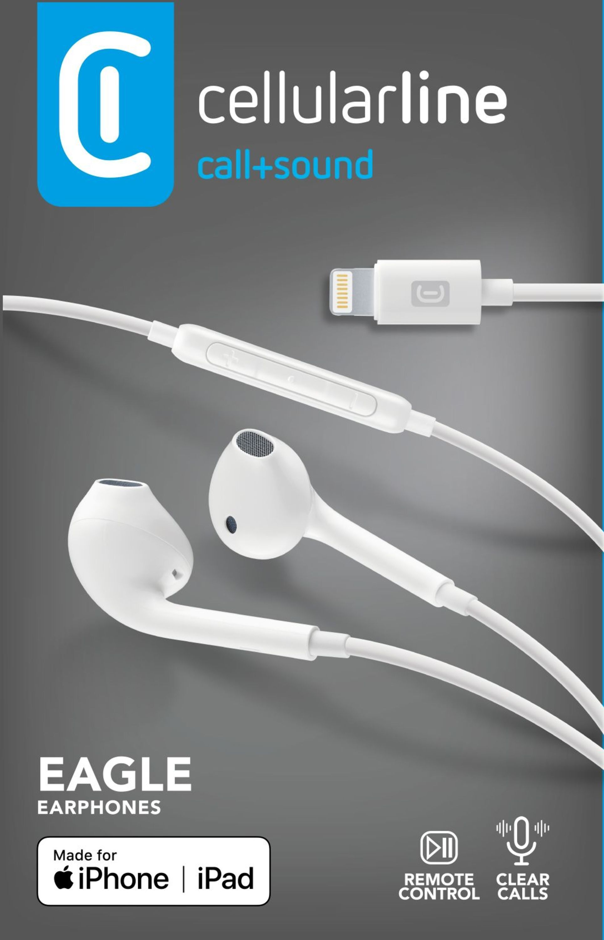 Weiße Ohrhörer mit Lightning-Anschluss auf grauem Hintergrund. Text: cellularline, EAGLE EARPHONES, Made for iPhone | iPad.