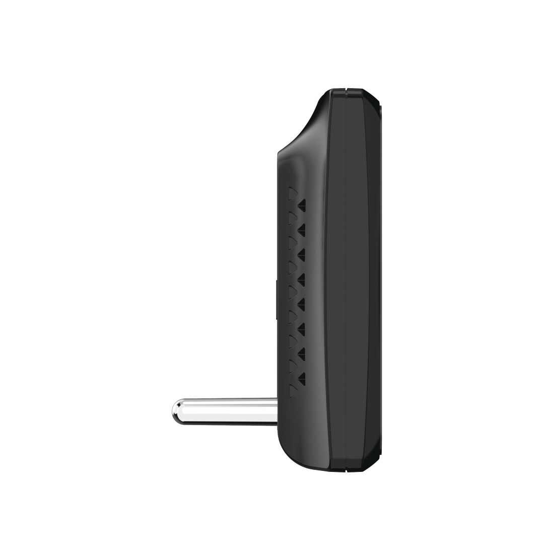 Ein schwarzes elektronisches Gerät mit einem silbernen Stecker. Es hat eine glatte Oberfläche mit kleinen dreieckigen Lüftungsschlitzen. Der Hintergrund ist weiß.