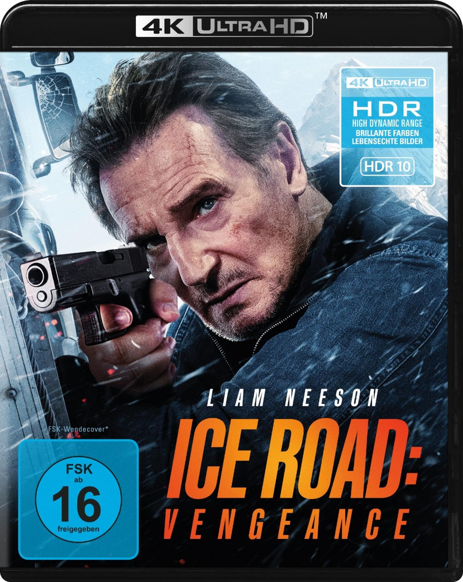 Liam Neeson auf einem Filmcover, der eine Waffe hält. Titel: Ice Road: Vengeance. 4K Ultra HD und HDR Etiketten sichtbar.