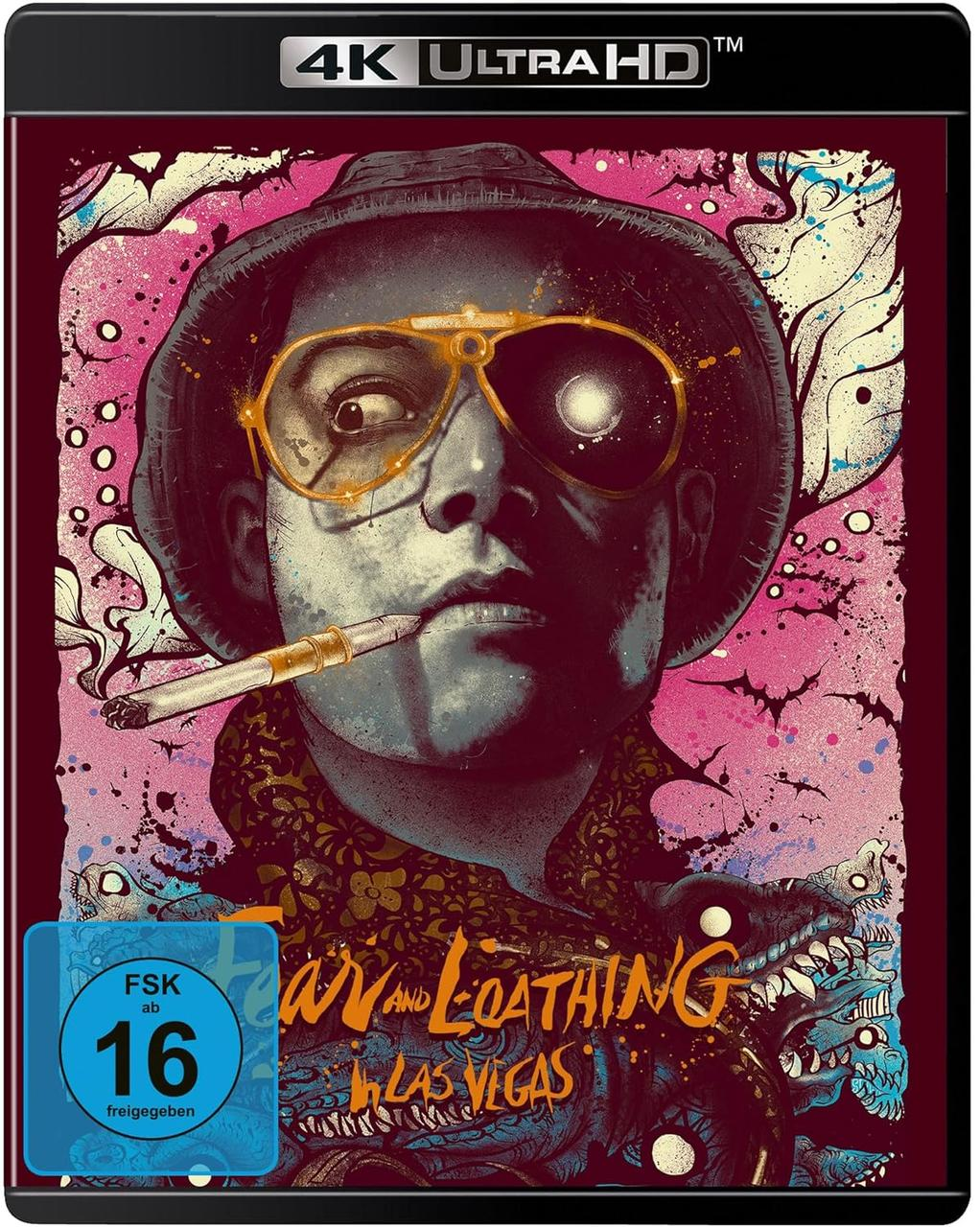 Poster für Fear and Loathing in Las Vegas. Ein Mann mit Sonnenbrille und Zigarette. Der Hintergrund ist eine Mischung aus Farben und Designs.