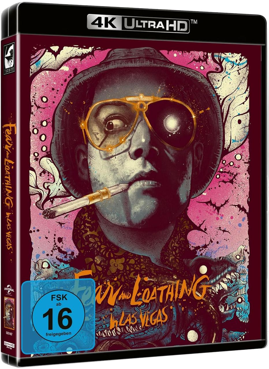 Blu-ray-Cover für Fear and Loathing in Las Vegas. Ein Mann mit Sonnenbrille raucht. Der Hintergrund hat ein rosa und blaues Design.