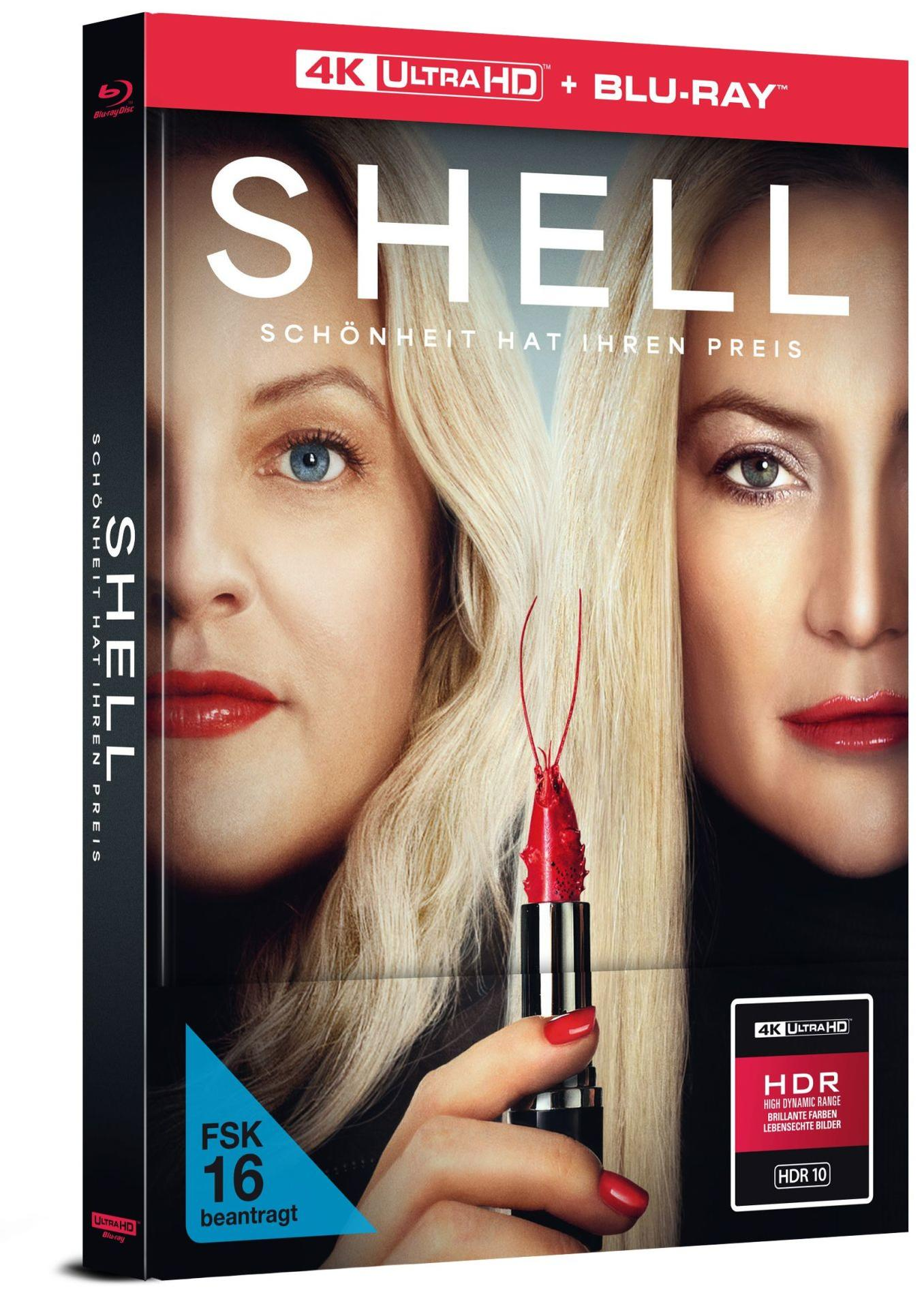 DVD-Cover für den Film Shell. Zwei Frauen, blonde Haare, roter Lippenstift, ein hummerförmiger Lippenstift und der Text 'Shell'.