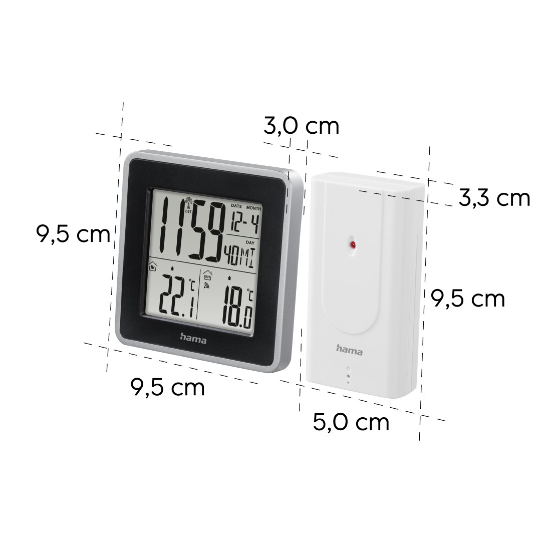Ein schwarzes digitales Thermometer, das Zeit, Datum und Temperatur anzeigt, neben einem weißen Sensor mit rotem Licht. Beide sind mit 'hama' beschriftet.
