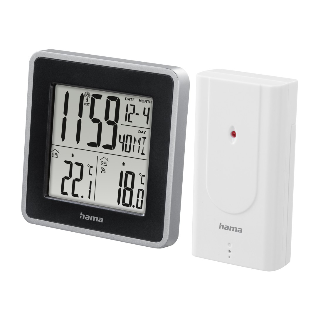 Eine digitale Wetterstation mit Anzeige von Uhrzeit, Datum und Temperatur, sowie eine weiße Sensoreinheit.