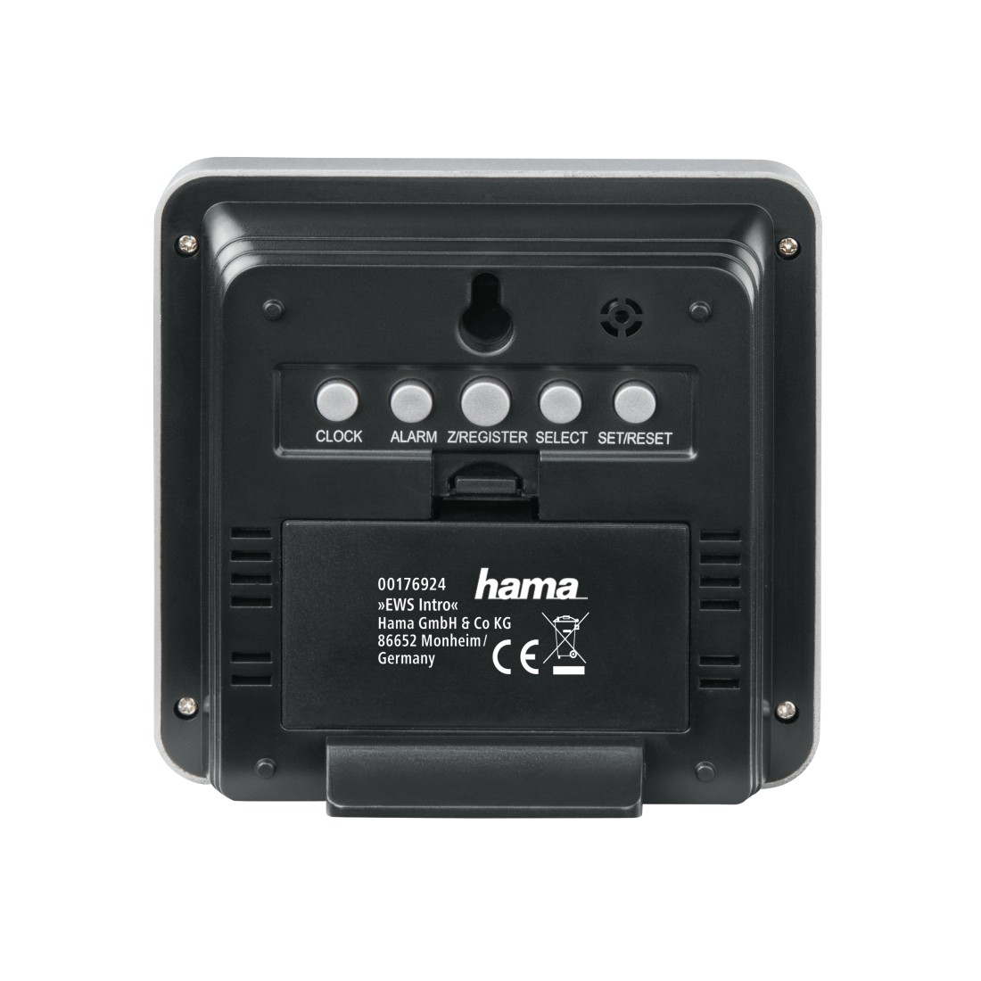 Schwarze Digitaluhr mit den Tasten: CLOCK, ALARM, Z/REGISTER, SELECT, SET/RESET und Hama-Logo.