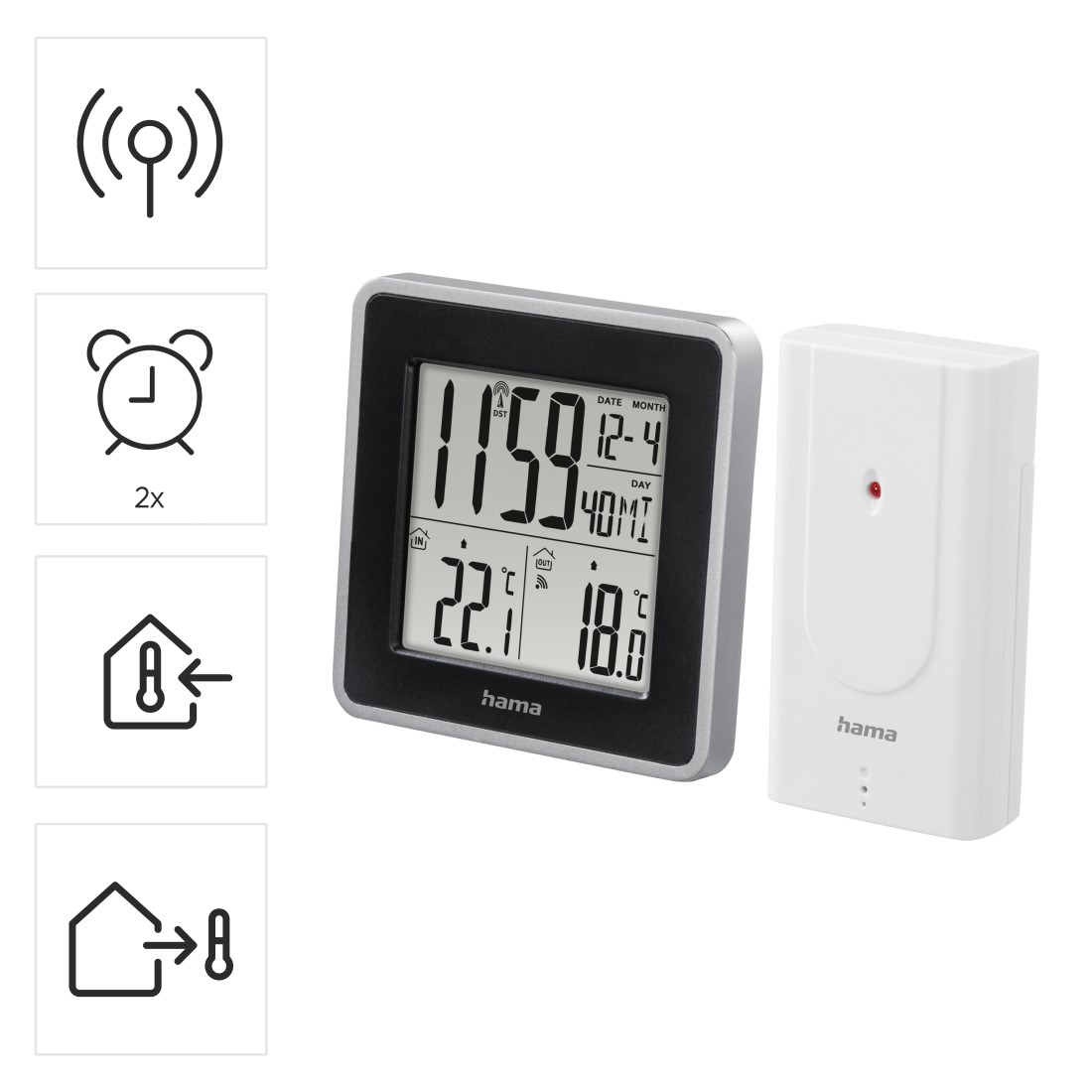 Eine digitale Wetterstation mit großem Display, das Zeit, Datum und Temperatur anzeigt, sowie ein kleinerer Fernsensor.